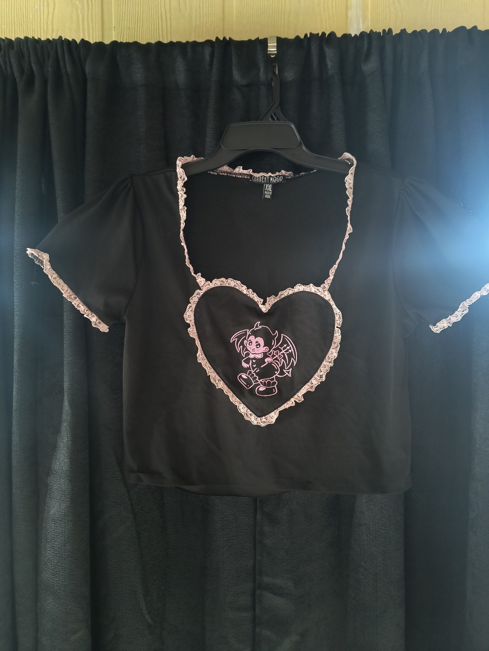 Current Mood Black Crop Top with Pink Heart Graphic